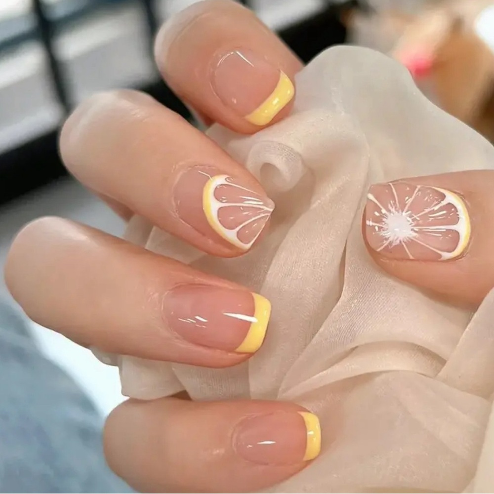 Yellow Glossy Full Cover Nails With Lemon Design